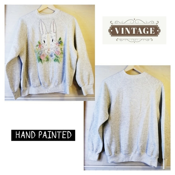 🐰 Vintage 90s Handpainted Bunny Sweatshirt Large Made in USA 🎨 - Picture 2 of 9